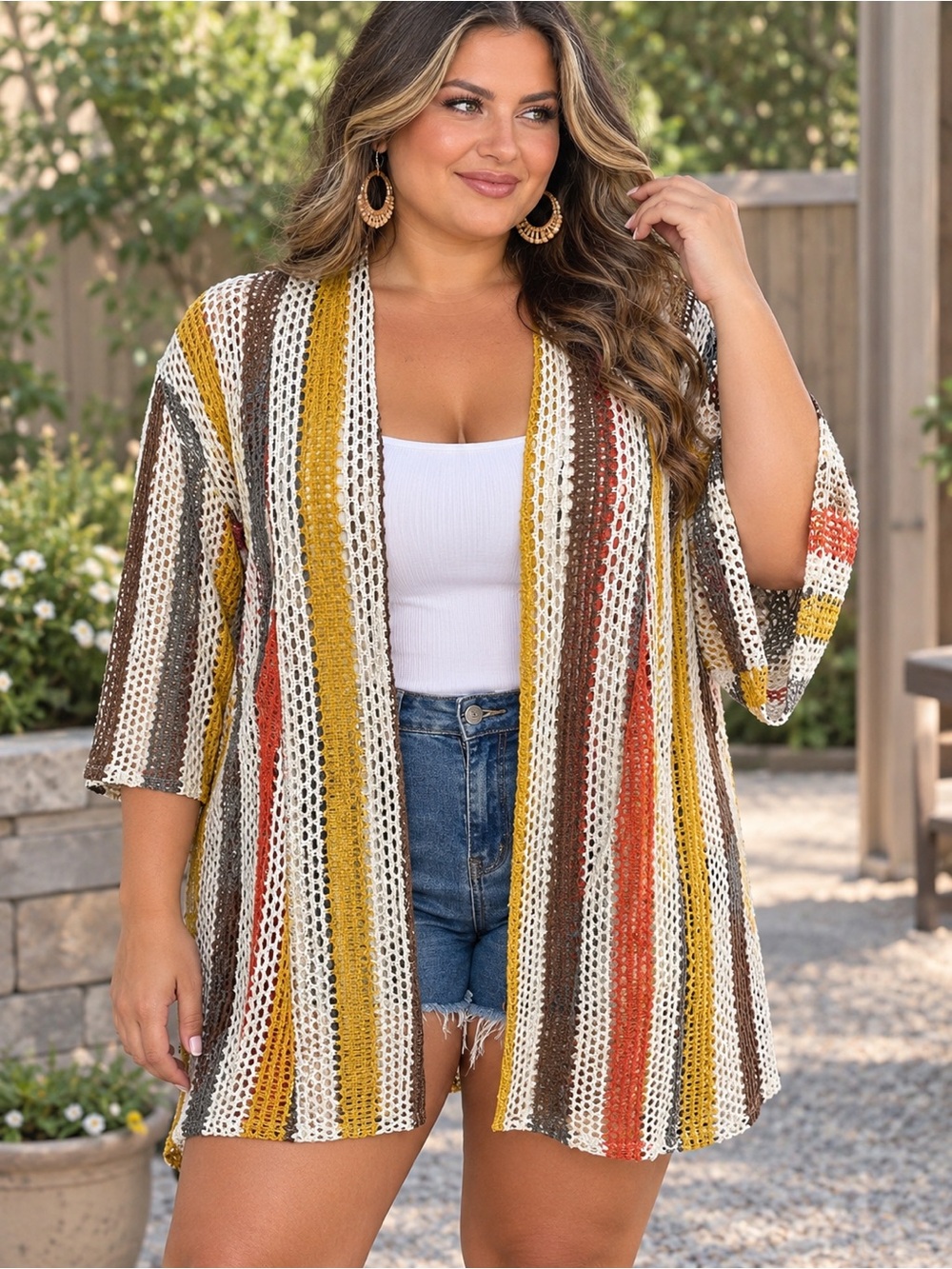 Striped Open-Front Crochet Cardigan - Mustard, Brown & Cream